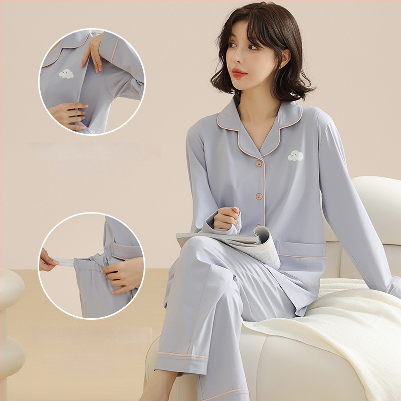 Nėščiųjų pižaminis komplektas su kardiganu maitindami – 100% medvilnė, ilgomis rankovėmis, ilgos kelnės, vidutinio tankio audinys, prekės ženklas Yubang