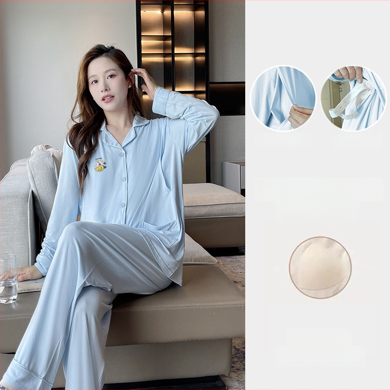 Nėščiųjų pižamų komplektas iš viskozės – mišinio (50–70% viskozės), ilgos rankovės, lengvas audinys, tinkamas pavasariui ir vasarai