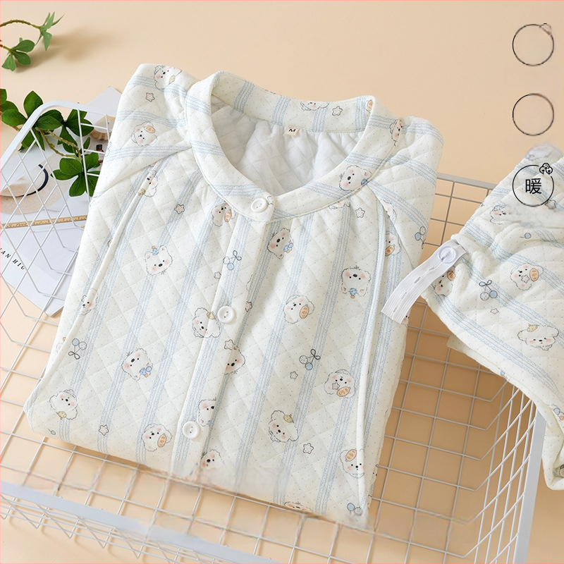 Moterų pogimdyminis pižama komplektas – 100% medvilnė, storesnis trijų sluoksnių audinys (251-300 g/m²), maitinanimo anga, ilgos rankovės, apvalus kaklas