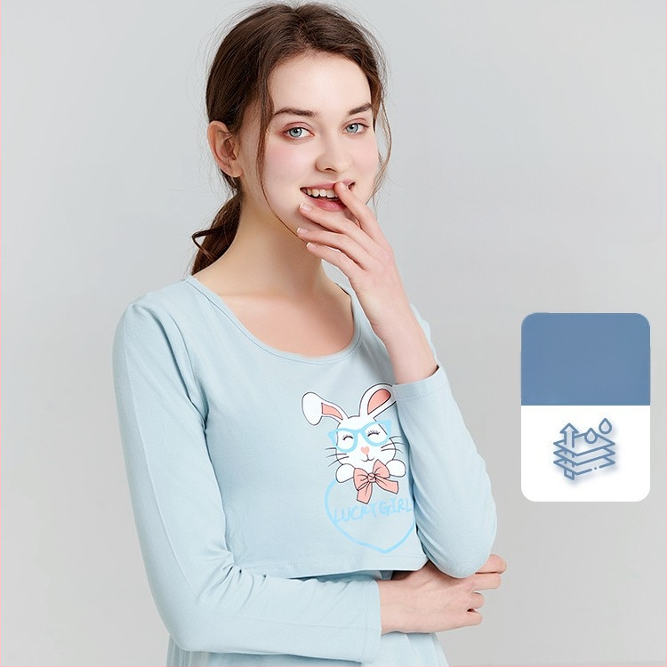 100% medvilninis nėščiųjų termalinis pižamų komplektas — marškinėlis su 3/4 rankovėmis ir kelnės, vidutinio svorio audinys, pavasaris-ruduo, maitinančiai