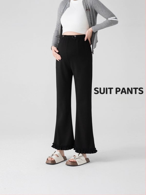 Rasedate püksid kõrge vöökoht, laia lõikega, flared volangiga äär, pikkus 9/10, puuvill-poliester