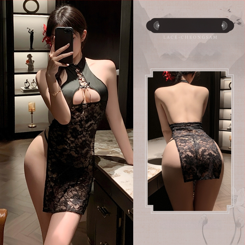 Čipao stiliaus suknelė su permatoma nėrinių ir iškirpte, aukštas kaklas; medžiaga Lace + milk silk, poliesteris