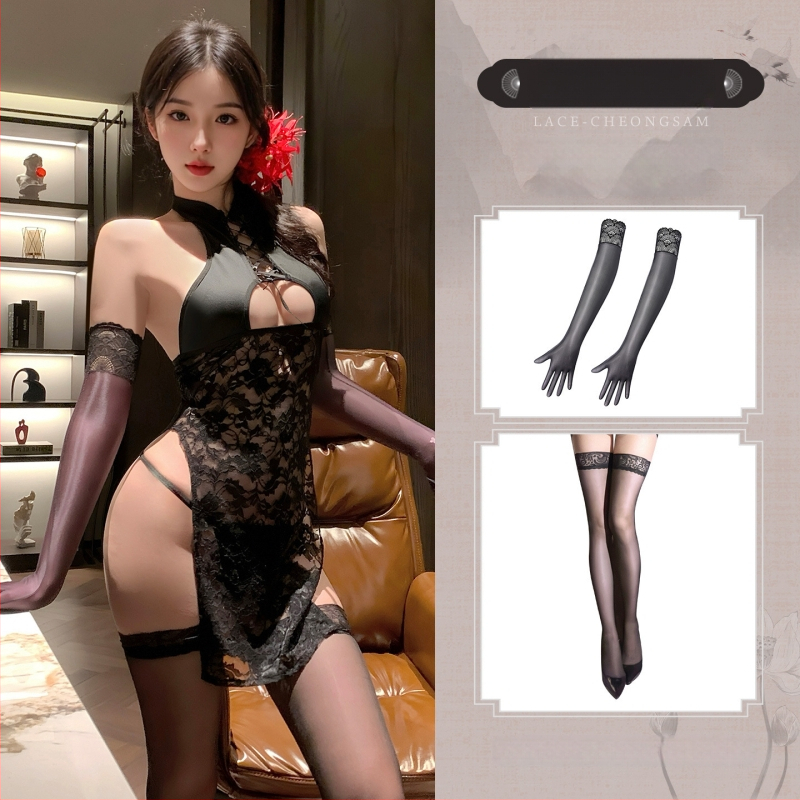 Čipao stiliaus suknelė su permatoma nėrinių ir iškirpte, aukštas kaklas; medžiaga Lace + milk silk, poliesteris