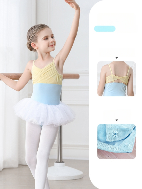 Vaikų baleto komplektas iš medvilnės (95,2%), su petnešėlėmis ir trumpomis rankovėmis, treniruotėms, 3–8 metai