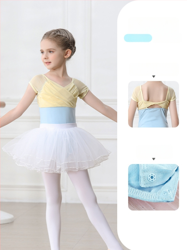 Vaikų baleto komplektas iš medvilnės (95,2%), su petnešėlėmis ir trumpomis rankovėmis, treniruotėms, 3–8 metai