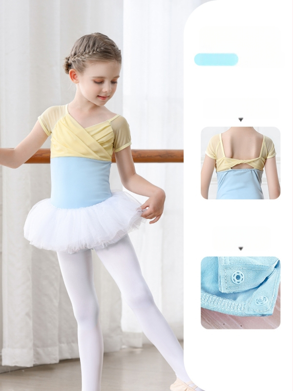 Vaikų baleto komplektas iš medvilnės (95,2%), su petnešėlėmis ir trumpomis rankovėmis, treniruotėms, 3–8 metai