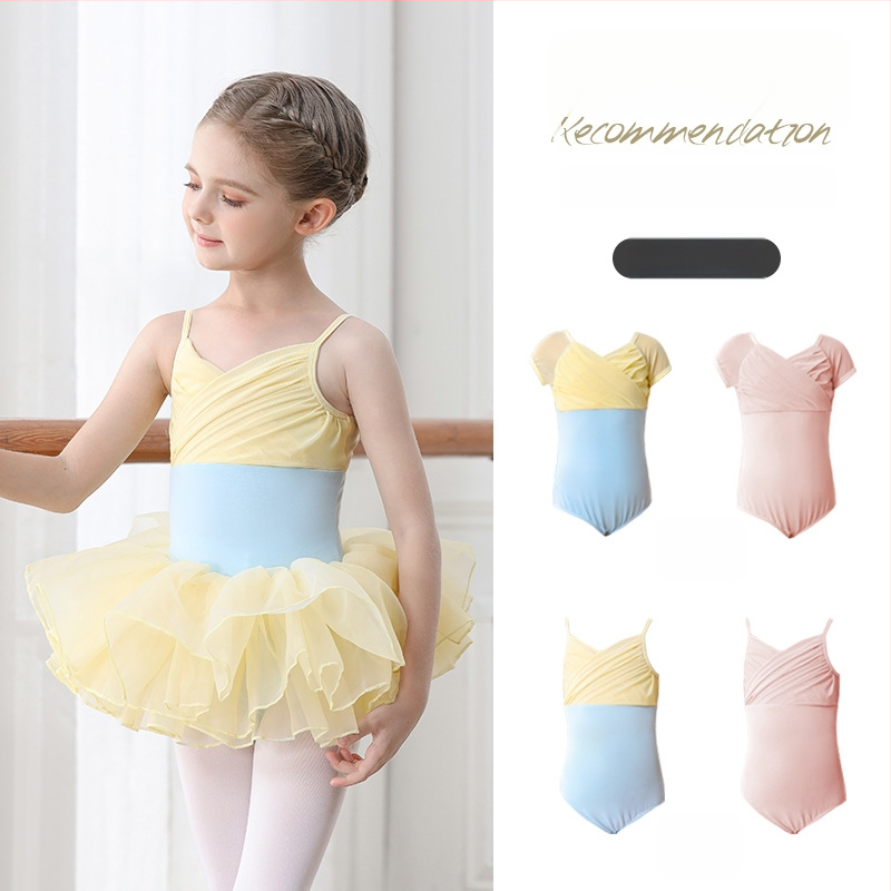 Vaikų baleto komplektas iš medvilnės (95,2%), su petnešėlėmis ir trumpomis rankovėmis, treniruotėms, 3–8 metai