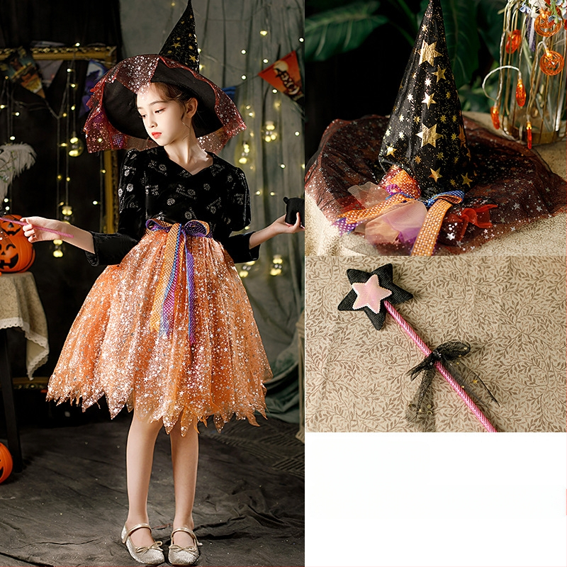 Vaikų Helovyno kostiumas: Raganių princų princesės suknelė sceniniam pasirodymui – organza su 80% polipropileno ir spandekso, kelnių komplektas, 3–8 metų vaikams, ruduo