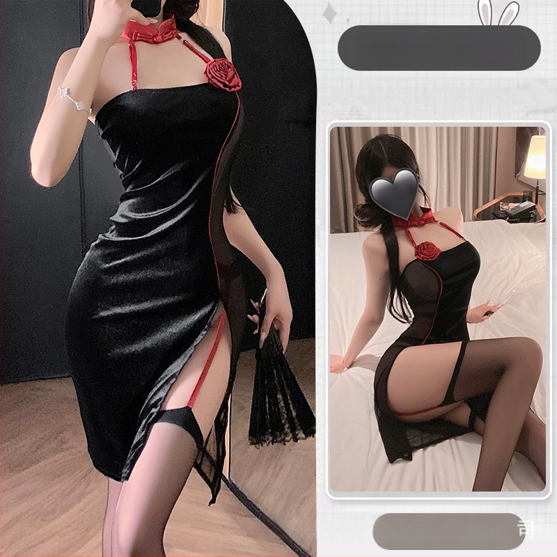 Cheongsam stiliaus erotinis apatinių komplektas su tinkliniais permatomi paneliais, poliesterio audinys, poliesterio sudėtis 90–95%