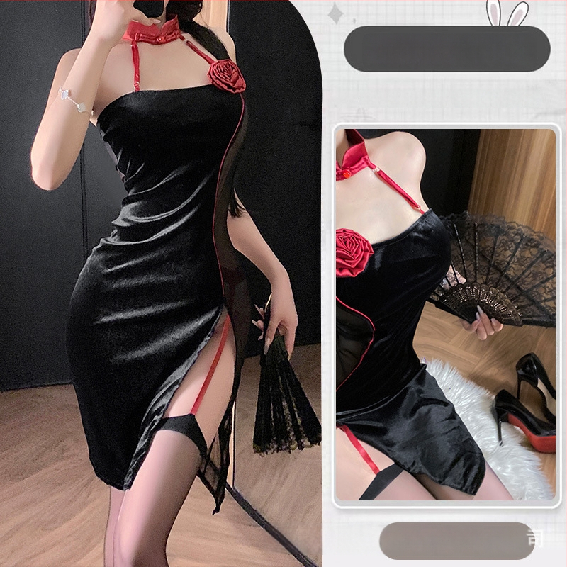 Cheongsam stiliaus erotinis apatinių komplektas su tinkliniais permatomi paneliais, poliesterio audinys, poliesterio sudėtis 90–95%