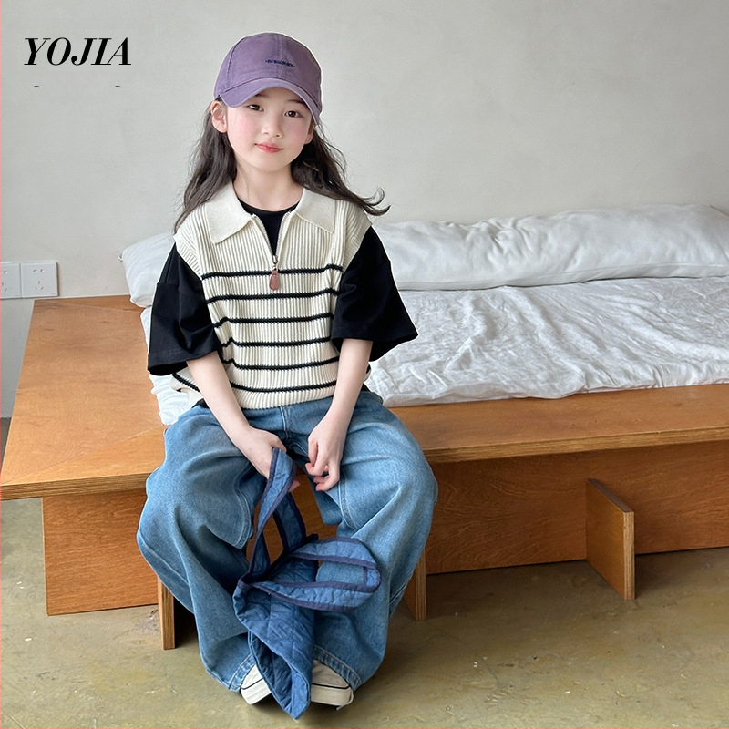 Mergaitėms megzta liemenė, korėjietiško stiliaus, be rankovių, V kaklo iškirptė, poliesterio audinys, pavasaris 2025