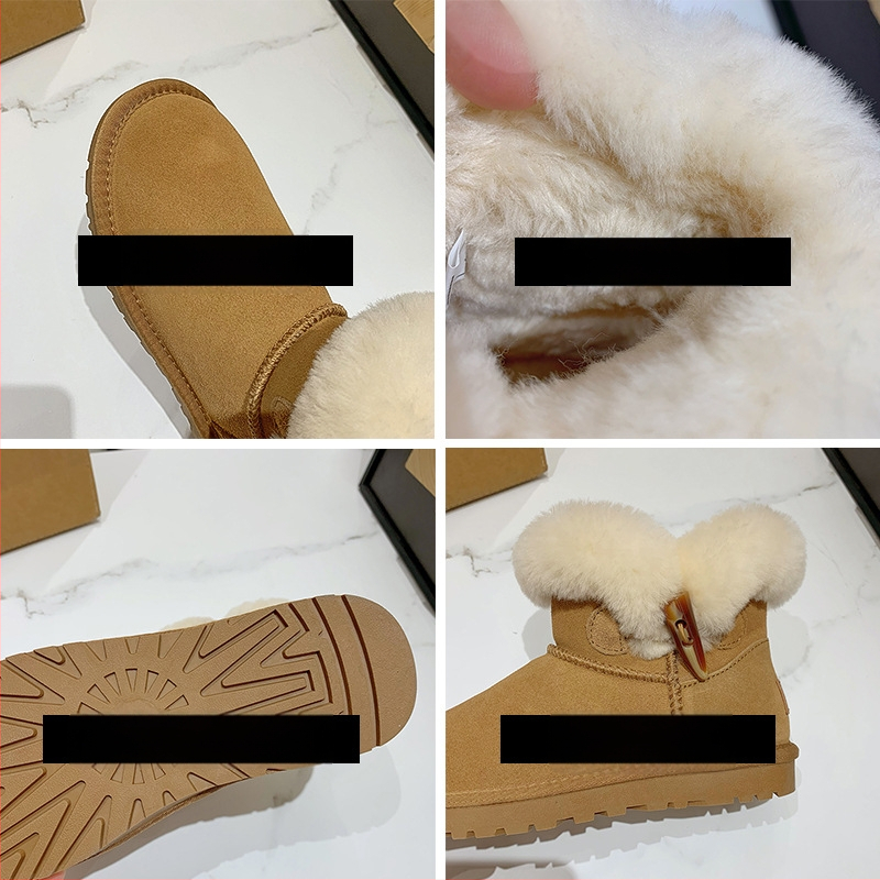 Damski sniego batai iš veršienos odos, su dirbtine trumpa kailio įdaila, mikropluošto įdėklas, gumos padas, vidutinio aukščio bateliai