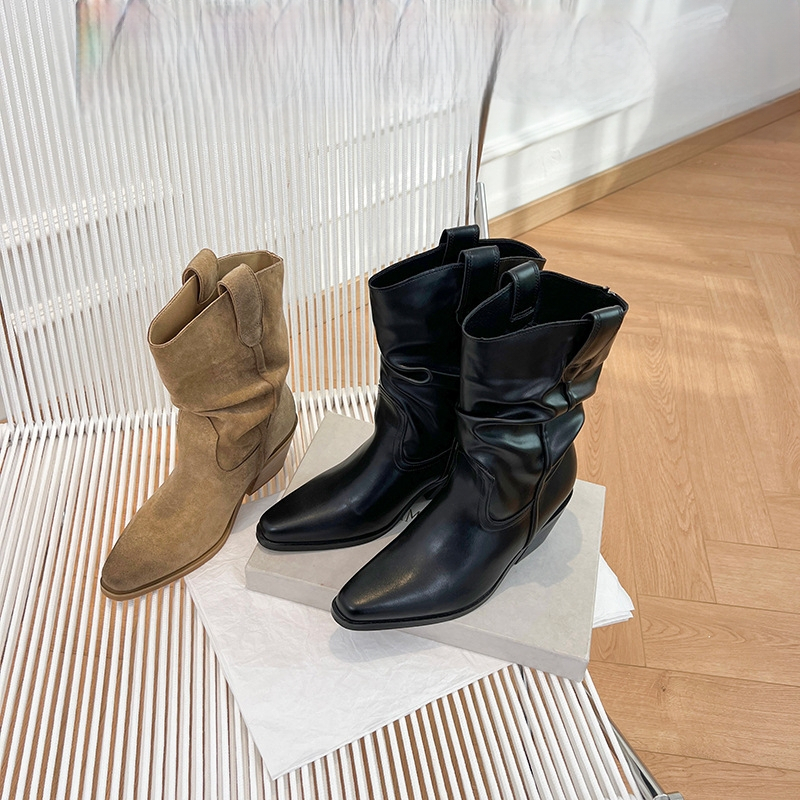 Sieviešu velūra kauboju zābaki ar asi purnu, smags papēdis 6–8 cm, gumijas zole, retro stils