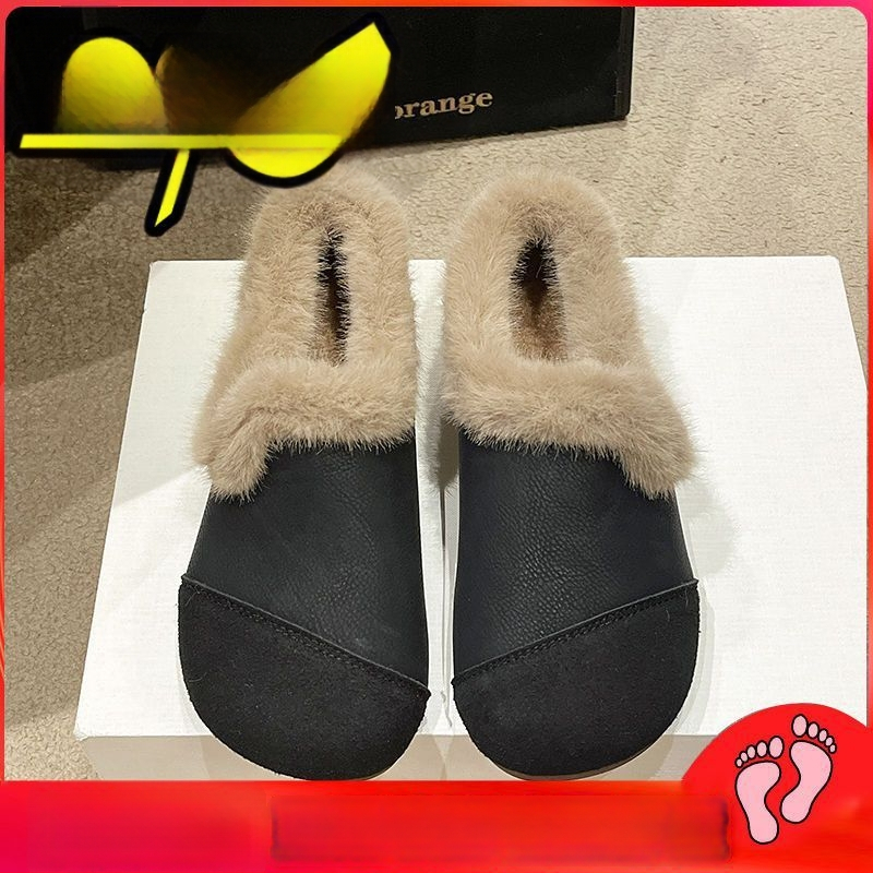 Moteriški šilti pliušiniai slip-on bateliai su apvaliu piršto galiu, viršus – dirbtinė oda, padas – kombinuotas, žemas kulnas, žiema 2024