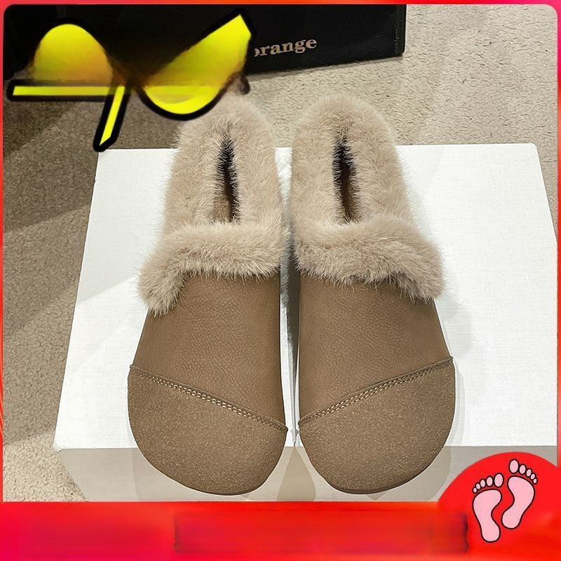 Moteriški šilti pliušiniai slip-on bateliai su apvaliu piršto galiu, viršus – dirbtinė oda, padas – kombinuotas, žemas kulnas, žiema 2024