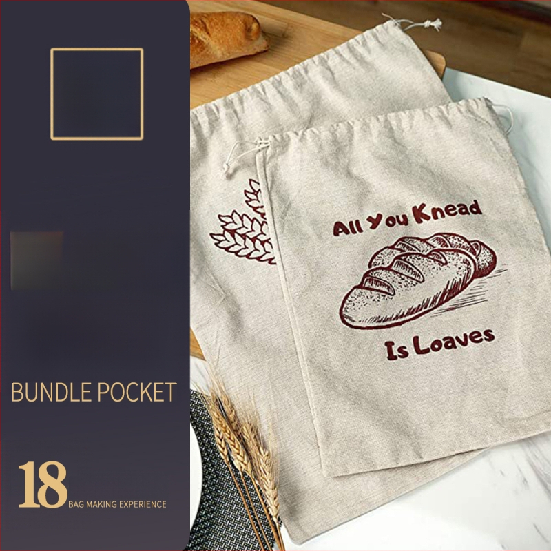 Daugiakartinis bagetės maišelis su virvele iš lino ir medvilnės maisto pakavimui; logotipo spausdinimas; licencijuotas privatų prekės ženklą