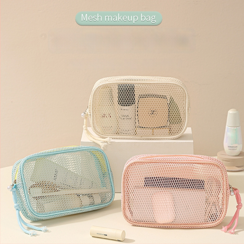 Kosmeetika kott võrgust kangast, käekoti stiilis, mudel 01b1605; mitmekülgne reisiks, kosmeetika ja hügieenitarvete hoiustamine.