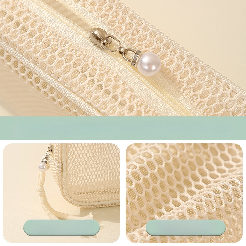 Kosmeetika kott võrgust kangast, käekoti stiilis, mudel 01b1605; mitmekülgne reisiks, kosmeetika ja hügieenitarvete hoiustamine.