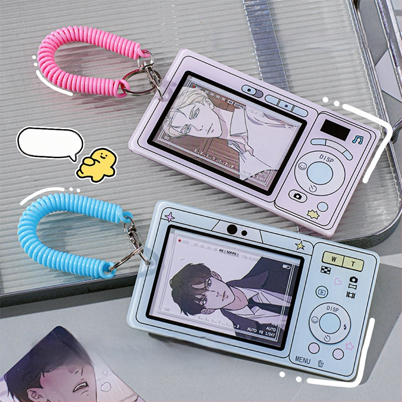 Akrilo kortelių laikiklis su retro fotoaparato motyvu — kortelėms/ID ir nuotraukų saugojimas, šiuolaikiškas paprastas stilius