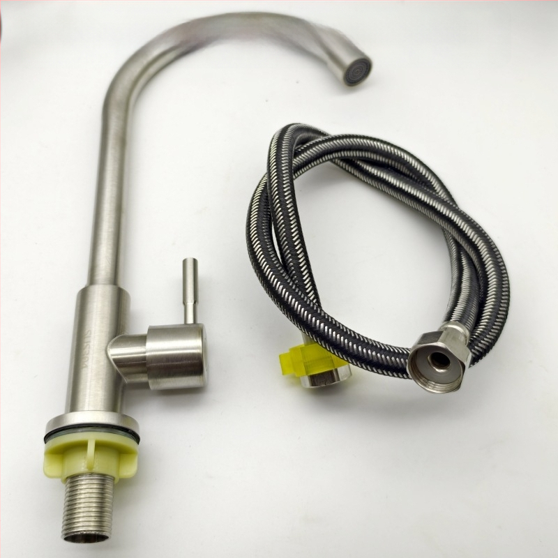 Virtuvės vertikalus, šlifuotas nerūdijančio plieno čiaupas su viena rankena ir vienu skylute, su žarna, modelis LS-11, keramikinis vožtuvas, 0-90°C, 10 MPa