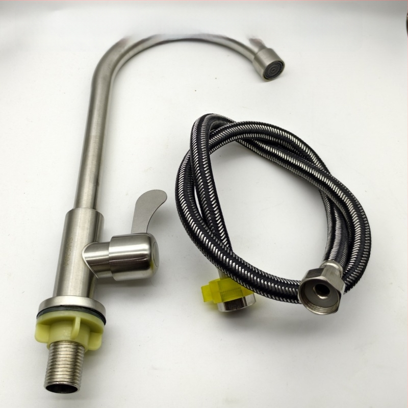 Virtuvės vertikalus, šlifuotas nerūdijančio plieno čiaupas su viena rankena ir vienu skylute, su žarna, modelis LS-11, keramikinis vožtuvas, 0-90°C, 10 MPa