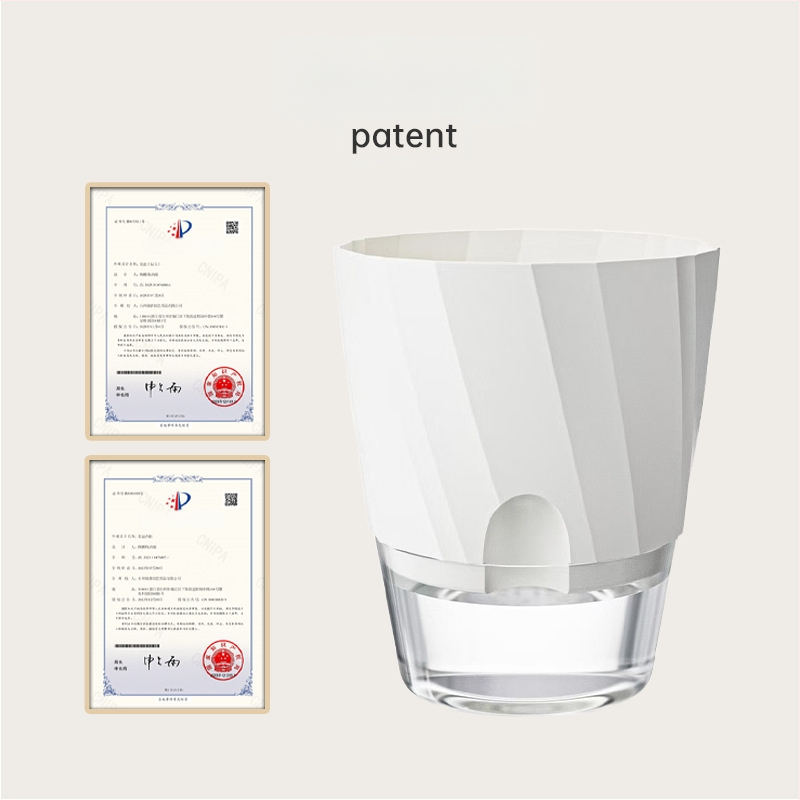 Gėlių vazonas su automatinio laistymo sistema, skaidra plastiko medžiaga, atsparus korozijai ir patvarus; tinkamas staliniam ar grindų naudojimui, šiaurietiškas minimalistinis dizainas, gaminamas liejant į vieną dalį.