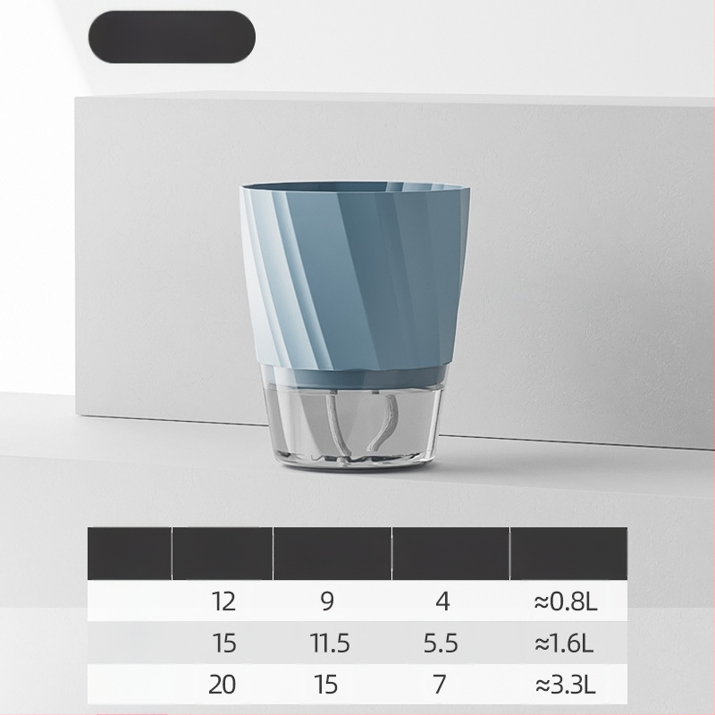 Gėlių vazonas su automatinio laistymo sistema, skaidra plastiko medžiaga, atsparus korozijai ir patvarus; tinkamas staliniam ar grindų naudojimui, šiaurietiškas minimalistinis dizainas, gaminamas liejant į vieną dalį.