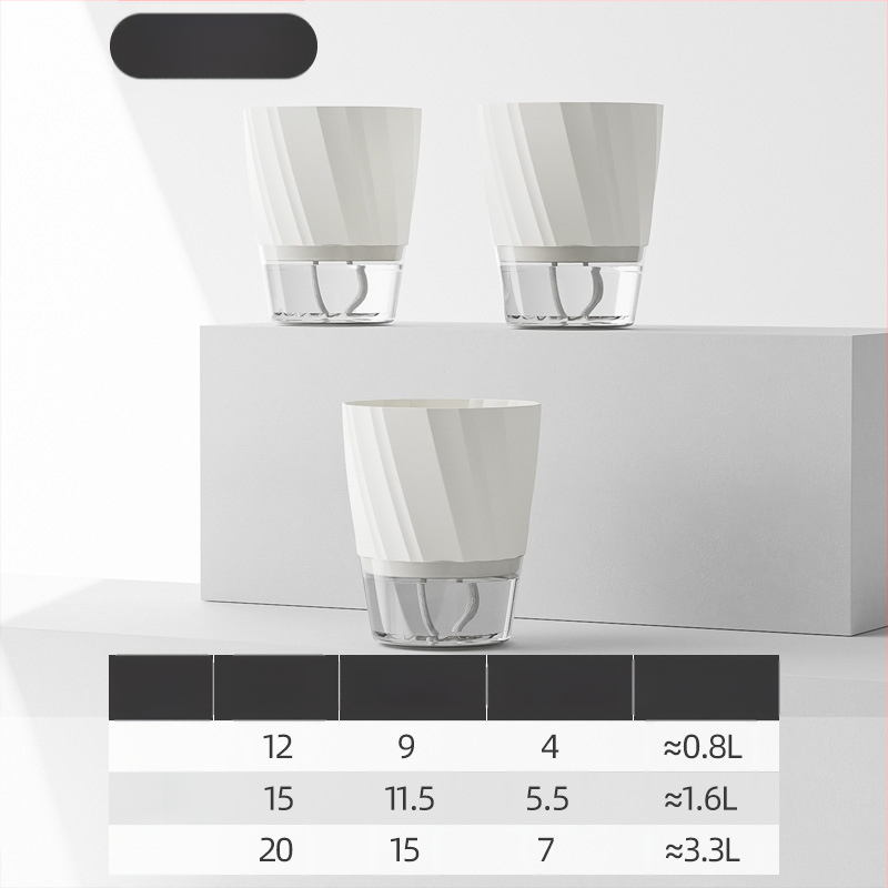 Gėlių vazonas su automatinio laistymo sistema, skaidra plastiko medžiaga, atsparus korozijai ir patvarus; tinkamas staliniam ar grindų naudojimui, šiaurietiškas minimalistinis dizainas, gaminamas liejant į vieną dalį.