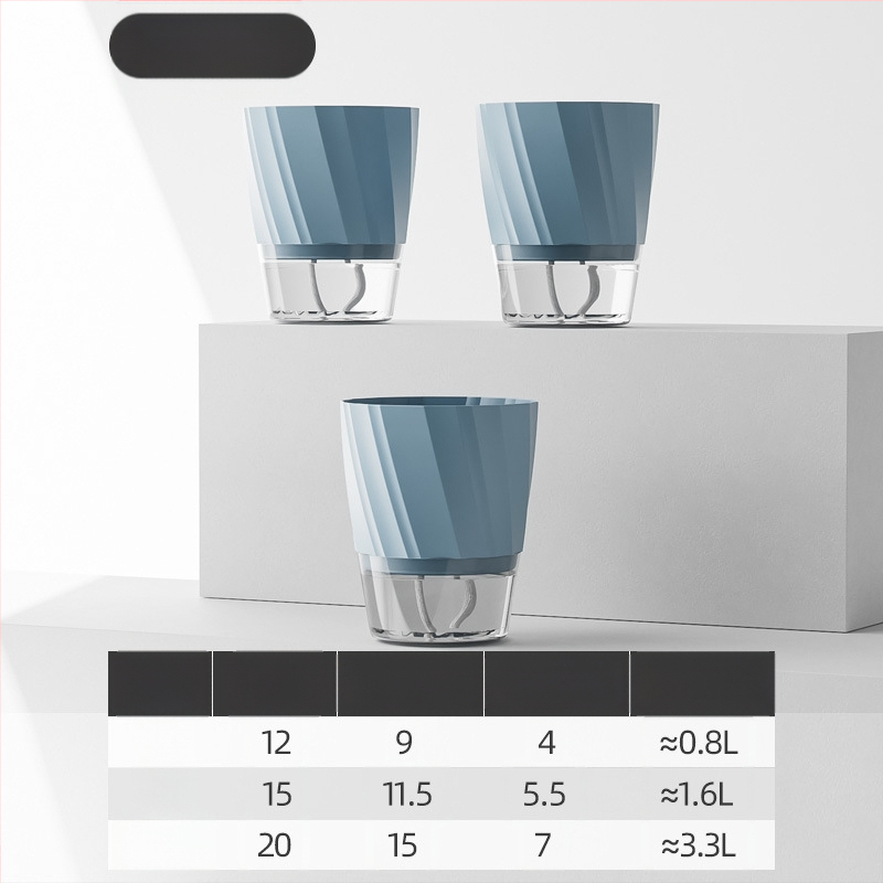Gėlių vazonas su automatinio laistymo sistema, skaidra plastiko medžiaga, atsparus korozijai ir patvarus; tinkamas staliniam ar grindų naudojimui, šiaurietiškas minimalistinis dizainas, gaminamas liejant į vieną dalį.