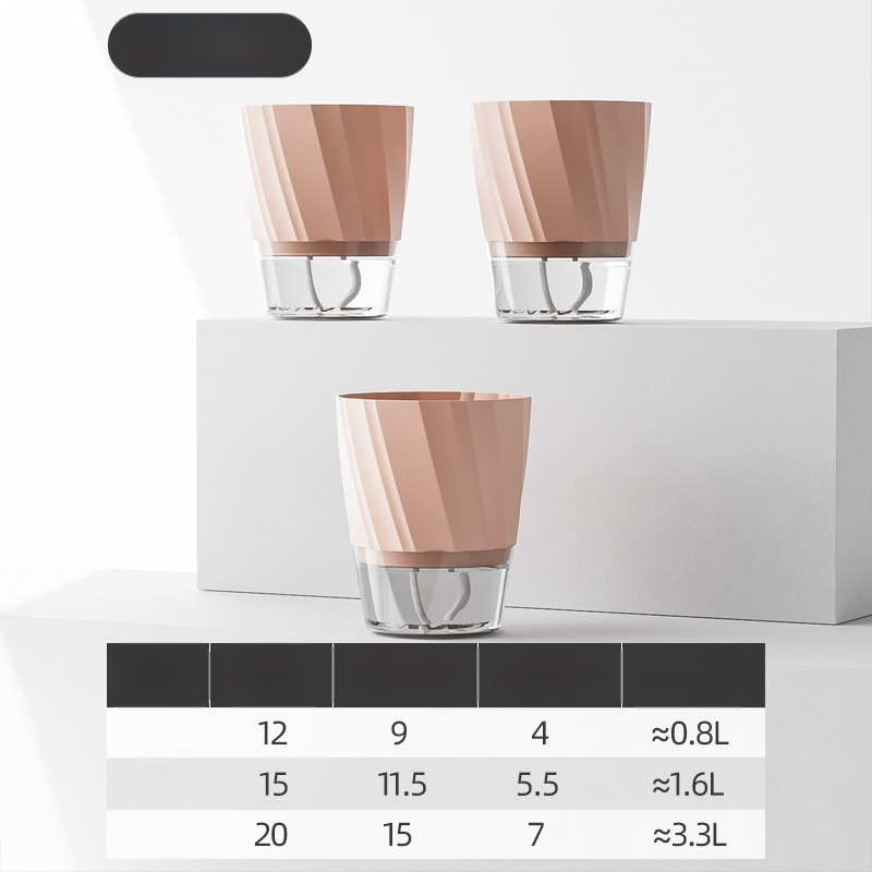 Gėlių vazonas su automatinio laistymo sistema, skaidra plastiko medžiaga, atsparus korozijai ir patvarus; tinkamas staliniam ar grindų naudojimui, šiaurietiškas minimalistinis dizainas, gaminamas liejant į vieną dalį.