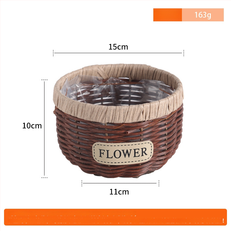 Gėlių vazonas iš imitacinio ratano su plieno rėmu; rankų darbo pynimas (Medžiaga: PE imitacija ratano + plieno rėmas; Naudojimo forma: stalelyje arba grindyse; Amatas: rankų darbas; Gamybos metodas: pynimas)