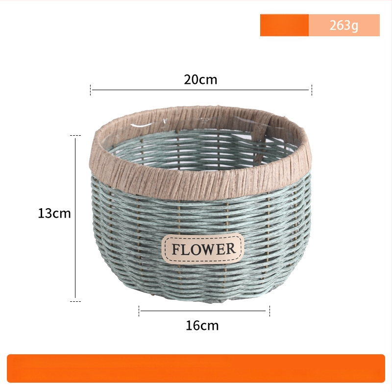 Gėlių vazonas iš imitacinio ratano su plieno rėmu; rankų darbo pynimas (Medžiaga: PE imitacija ratano + plieno rėmas; Naudojimo forma: stalelyje arba grindyse; Amatas: rankų darbas; Gamybos metodas: pynimas)