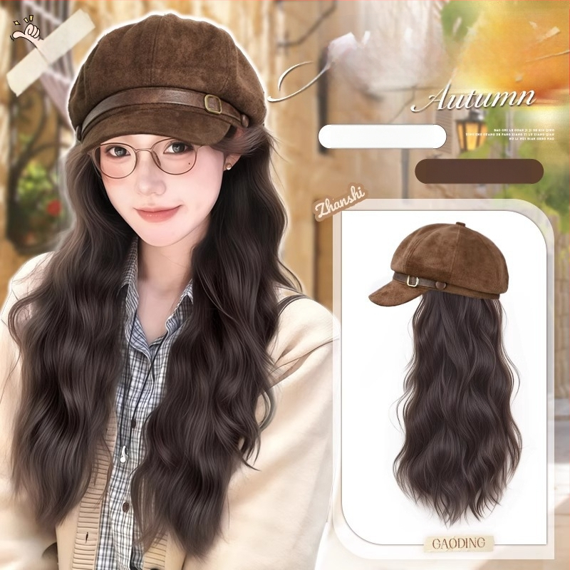 Parukos su skrybėle moterims, beretės stiliaus, vandens bangų garbanos, be kirpimo, aukštos temperatūros viela, mechaninis gamybos būdas, suteikia plaukų apimtį