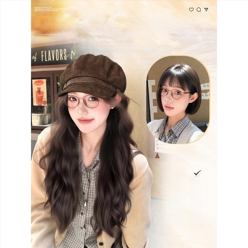 Parukos su skrybėle moterims, beretės stiliaus, vandens bangų garbanos, be kirpimo, aukštos temperatūros viela, mechaninis gamybos būdas, suteikia plaukų apimtį