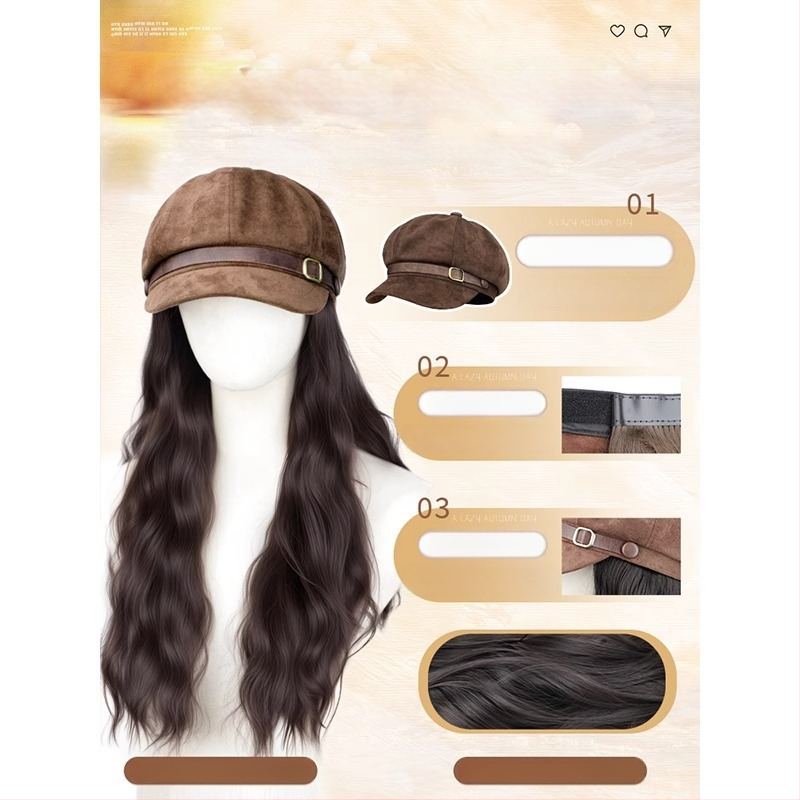 Parukos su skrybėle moterims, beretės stiliaus, vandens bangų garbanos, be kirpimo, aukštos temperatūros viela, mechaninis gamybos būdas, suteikia plaukų apimtį