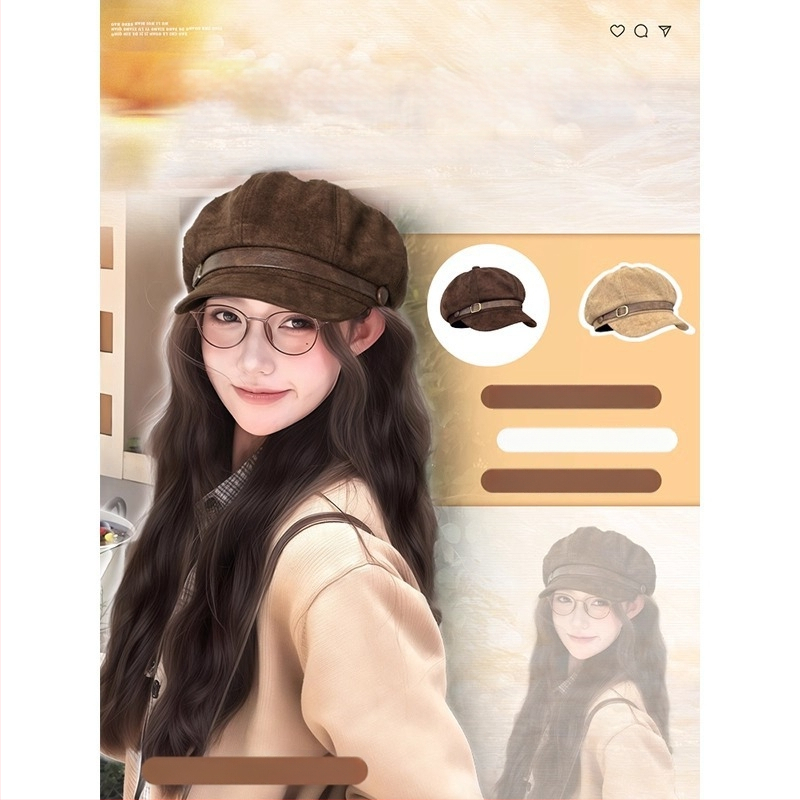 Parukos su skrybėle moterims, beretės stiliaus, vandens bangų garbanos, be kirpimo, aukštos temperatūros viela, mechaninis gamybos būdas, suteikia plaukų apimtį