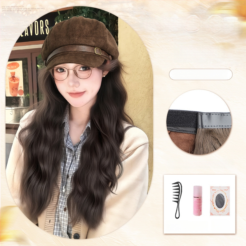 Parukos su skrybėle moterims, beretės stiliaus, vandens bangų garbanos, be kirpimo, aukštos temperatūros viela, mechaninis gamybos būdas, suteikia plaukų apimtį