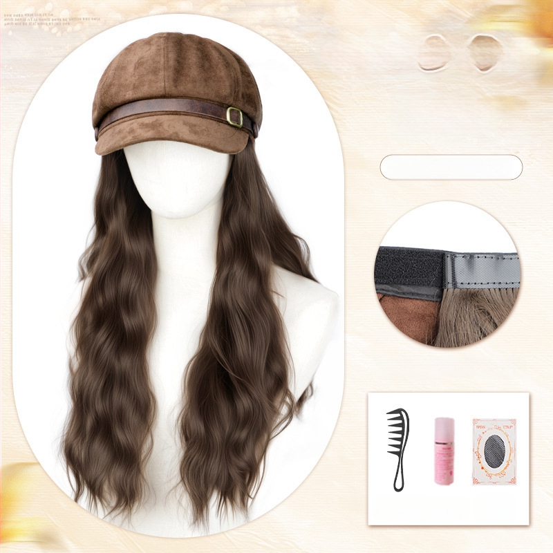 Parukos su skrybėle moterims, beretės stiliaus, vandens bangų garbanos, be kirpimo, aukštos temperatūros viela, mechaninis gamybos būdas, suteikia plaukų apimtį