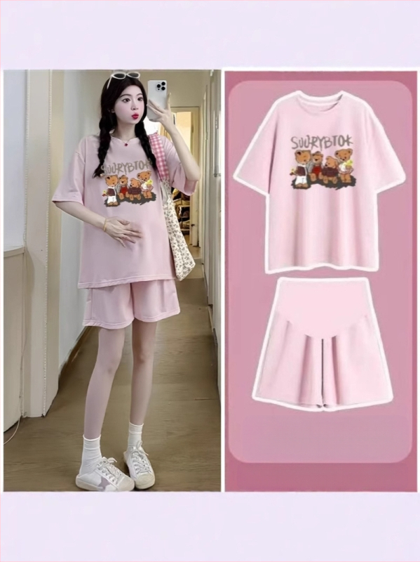 Nėščiųjų dviejų dalių vasaros komplektas: šortai ir topas, anime spaudas, 3/4 rankovės, poliesterio-elastano mišinio