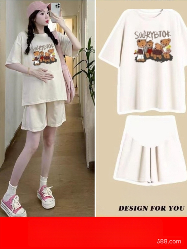 Nėščiųjų dviejų dalių vasaros komplektas: šortai ir topas, anime spaudas, 3/4 rankovės, poliesterio-elastano mišinio