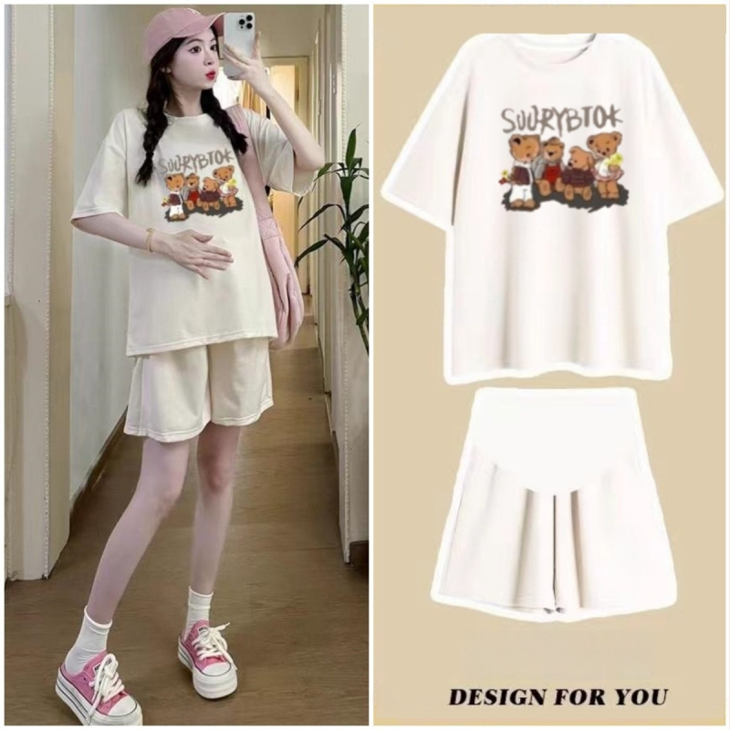 Nėščiųjų dviejų dalių vasaros komplektas: šortai ir topas, anime spaudas, 3/4 rankovės, poliesterio-elastano mišinio