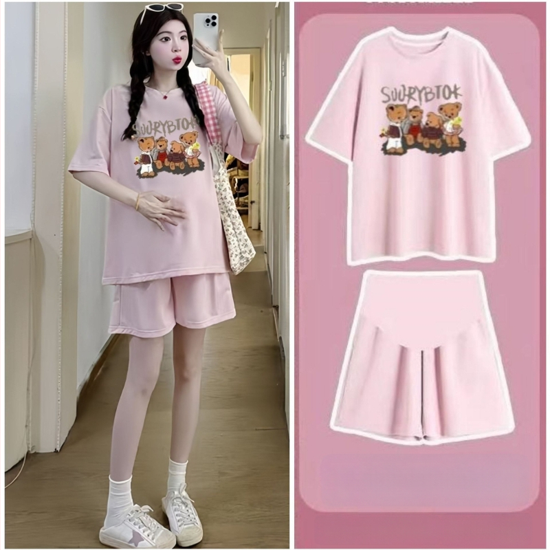 Nėščiųjų dviejų dalių vasaros komplektas: šortai ir topas, anime spaudas, 3/4 rankovės, poliesterio-elastano mišinio