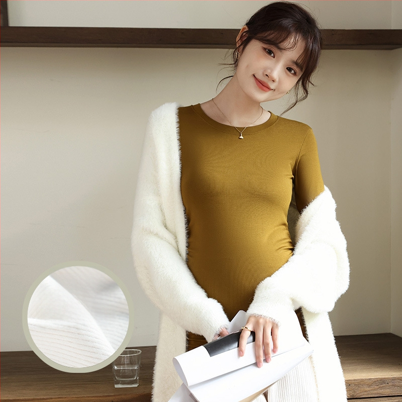 Nėštukės topas – Korėjietiško stiliaus, aukštas elastingumas, apvalus kaklas, ilgomis rankovėmis