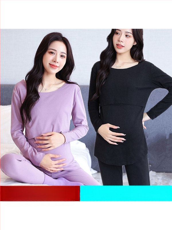 Nėščių terminių apatinių komplektas, ruduo–žiema, maitinti atidarymas, ilgomis rankovėmis, poliesterio-spandeksas, siūlų dažytas audinys