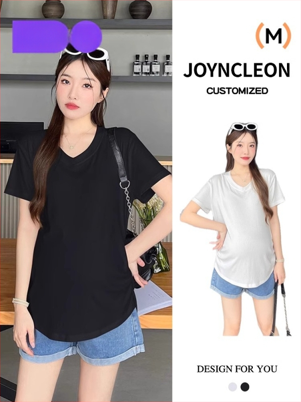 Rasedate lühikeste varrukatega top, V-kaelusega, vaba lõige, puuvillane 90–95%, keskmise pikkusega