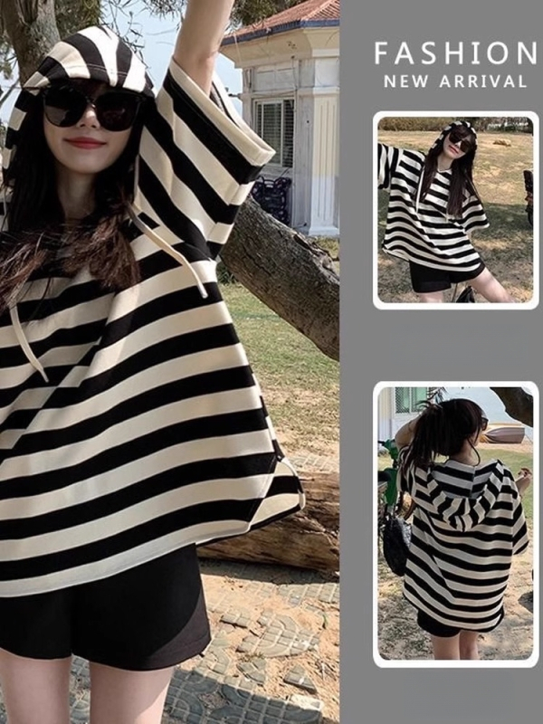 Rasedate suvine T-särkide komplekt kapuutsiga, triibuline, lühikeste varrukatega, vaba lõige, 95% puuvill