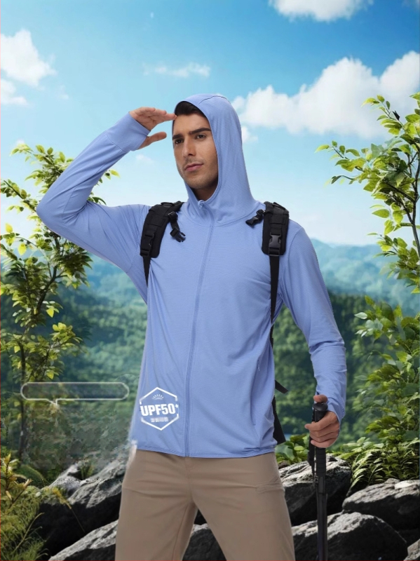 Vyrų vasarinė UV apsauga su gobtuvu, lengvas vėjo švarkas, plonas nailono mišinys, 90% poliesterio / 10% spandekso, šoninės kišenės, užtrauktukas, SPF 50+
