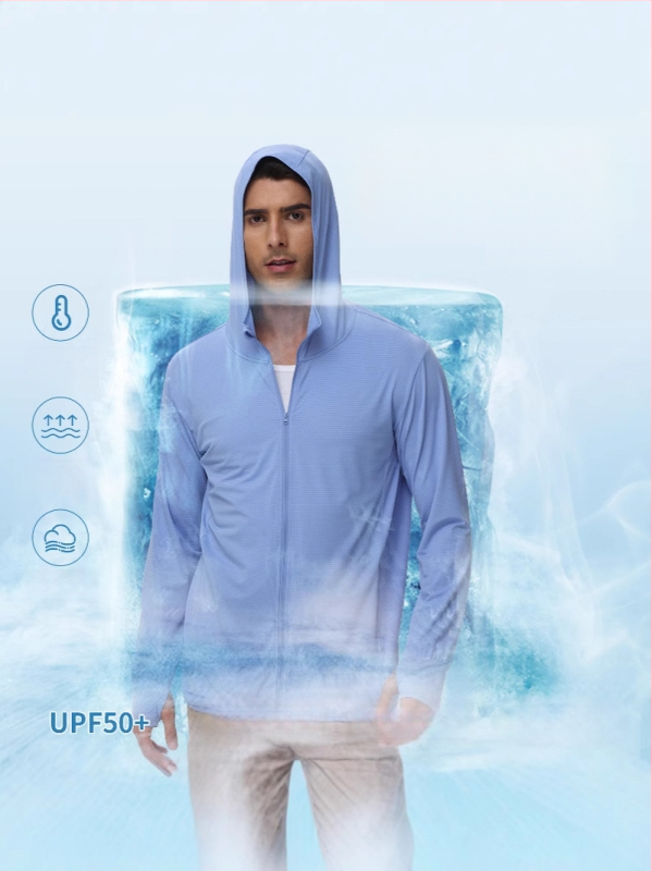 Vyrų vasarinė UV apsauga su gobtuvu, lengvas vėjo švarkas, plonas nailono mišinys, 90% poliesterio / 10% spandekso, šoninės kišenės, užtrauktukas, SPF 50+
