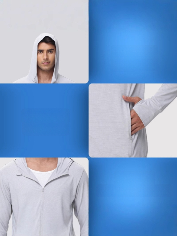 Vyrų vasarinė UV apsauga su gobtuvu, lengvas vėjo švarkas, plonas nailono mišinys, 90% poliesterio / 10% spandekso, šoninės kišenės, užtrauktukas, SPF 50+