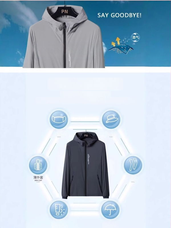 Kapuutsiga jakk – õhuke, 100% polüester, loodusvaate trükk, UV-kaitse 50%